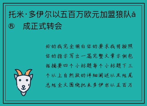 托米·多伊尔以五百万欧元加盟狼队完成正式转会